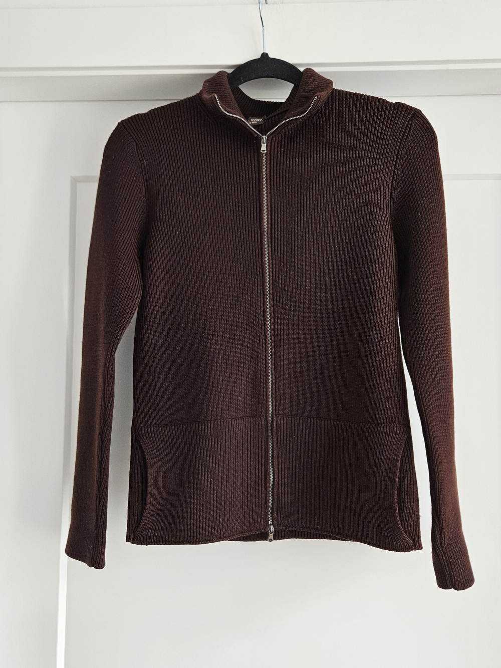 henri bendel 100% Merino Ribbed Knit Zip Up Sweater - Dark Brown Made In Italy